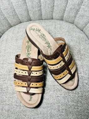 Easy Spirit Brown, Yellow & Cream Multi-Strip Slide Sandals